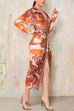 Karleedress V Neck Long Sleeves Ruched Slit Printed Midi Dress