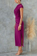 Ruched Cap Sleeve Side Slit Bodycon Midi Dress