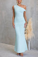 One Shoulder Ruched Bodycon Maxi Dress with Gold Spiral Accent