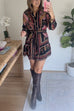 Long Sleeves Button Up Tie Waist Fioral Print Ruffle Mini Shirt Dress