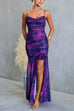 Spaghetti Strap Ruched Slit Floral Print Maxi Dress