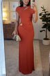 Short Sleeve Cut Out Backless Gold Flower Detail Maxi Dress