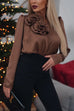 Karleedress V Neck Long Sleeves Flower Detail Satin Shirt