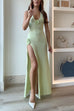 Karleedress Halter V Neck Backless Slit Rose Applique Knit Maxi Dress