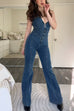 Karleedress Zip Up Sleeveless Heart Back Bell Bottom Denim Jumpsuit