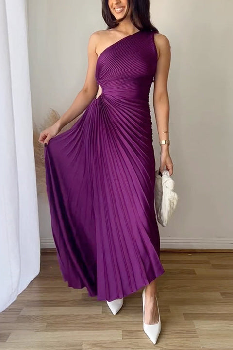 Karleedress One Shoulder Cut Out Waist Solid Pleated Maxi Dress