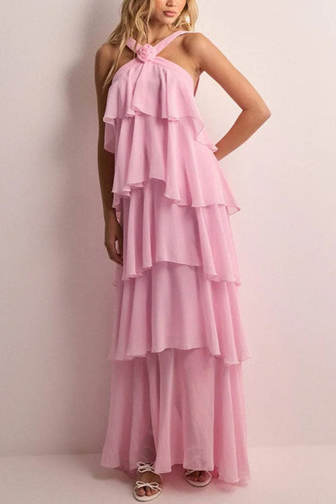 Karleedress Sleeveless Open Back Ruffle Layered Maxi Dress