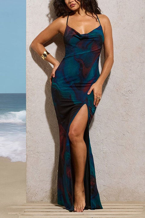 Karleedress Cowl Neck Backless Slit Printed Maxi Cami Dress