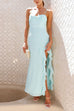 Karleedress Spaghetti Strap Ruffle Slit Maxi Chiffon Dress