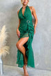 Halter Open Back Gold Buckle Detail Ruffle Slit Maxi Dress