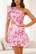 Karleedress One Shoulder Cut Out Floral Print Ruffle Mini Dress