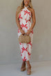 Halter Tie Bow Backless Palm Tree Print Midi Dress