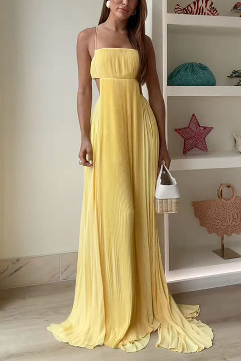 Karleedress Spaghetti Strap Back Cut Out Pleated Maxi Dress