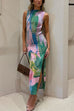 Karleedress Sleeveless Side Slit Open Back Colorful Print Maxi Dress