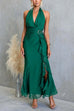 Halter Open Back Gold Buckle Detail Ruffle Slit Maxi Dress