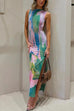 Karleedress Sleeveless Side Slit Open Back Colorful Print Maxi Dress