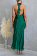 Halter Open Back Gold Buckle Detail Ruffle Slit Maxi Dress