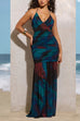 Halter V Neck Open Back Printed Bodycon Maxi Cami Dress