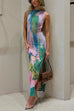 Karleedress Sleeveless Side Slit Open Back Colorful Print Maxi Dress