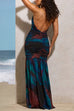 Halter V Neck Open Back Printed Bodycon Maxi Cami Dress