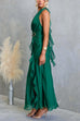 Halter Open Back Gold Buckle Detail Ruffle Slit Maxi Dress