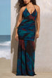 Halter V Neck Open Back Printed Bodycon Maxi Cami Dress