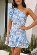 Karleedress One Shoulder Cut Out Floral Print Ruffle Mini Dress