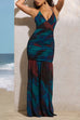 Halter V Neck Open Back Printed Bodycon Maxi Cami Dress