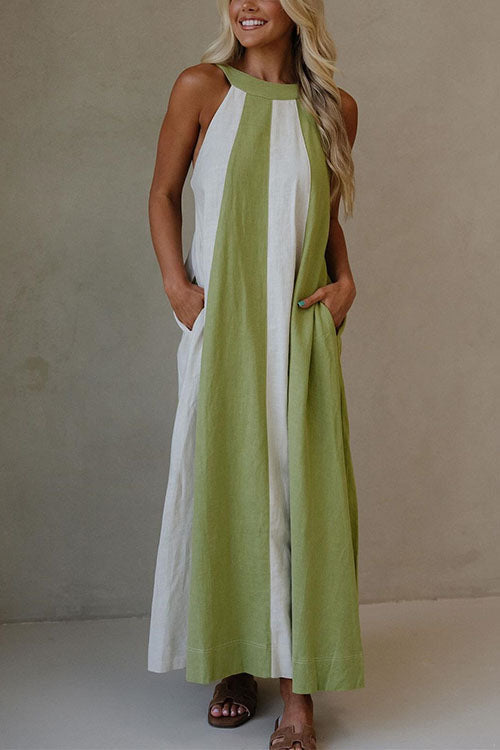 Strappy Backless Color Block Pocketed Maxi Dress
