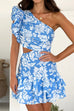 Karleedress One Shoulder Cut Out Floral Print Ruffle Mini Dress