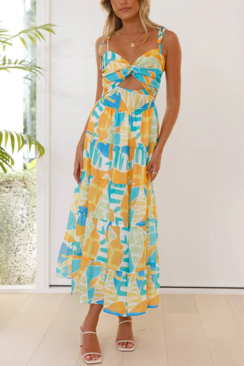 Karleedress Twist Front Cut Out Printed Midi Cami Dress
