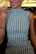 High Neck Sleeveless Smocked Bodice Striped Midi Dress