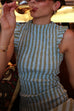 High Neck Sleeveless Smocked Bodice Striped Midi Dress