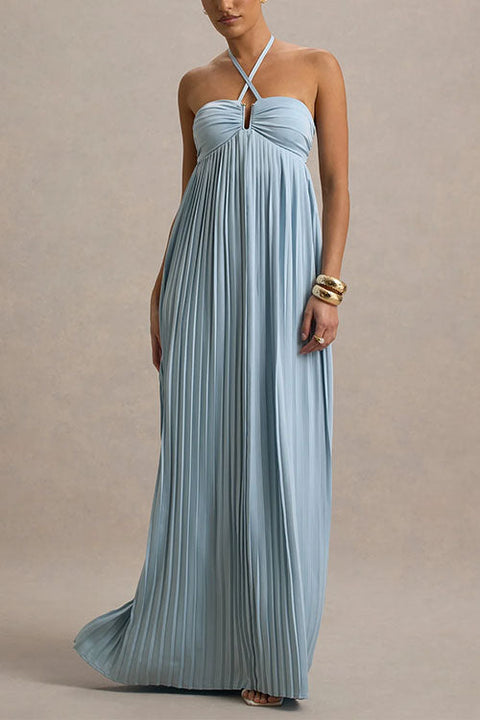 Criss Cross Halter Cut Out Pleated Swing Maxi Dress