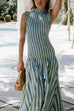 High Neck Sleeveless Smocked Bodice Striped Midi Dress