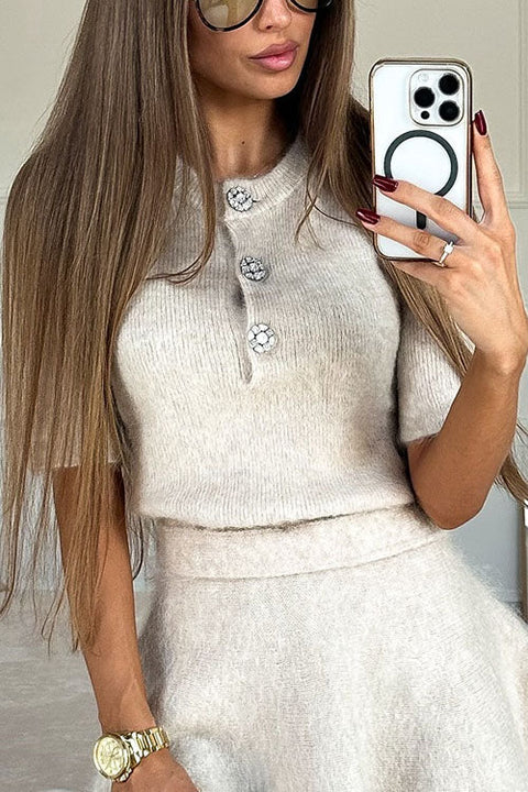 Karleedress Crewneck Short Sleeves Button Up Sweater