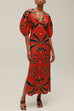 Karleedress Knot Front Cut Out Puff Sleeves Side Slit Printed Midi Dress