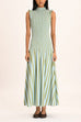High Neck Sleeveless Smocked Bodice Striped Midi Dress
