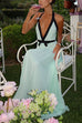 Karleedress Deep V Neck Halter Backless Color Block Bow Maxi Dress