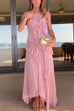 Karleedress Strappy Halter Neck Ruffle Trim Asymmetric Hem Pleated Maxi Dress