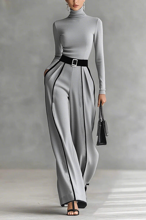 Karleedress Turtleneck Long Sleeves Top and Color Block Wide Leg Pants Set