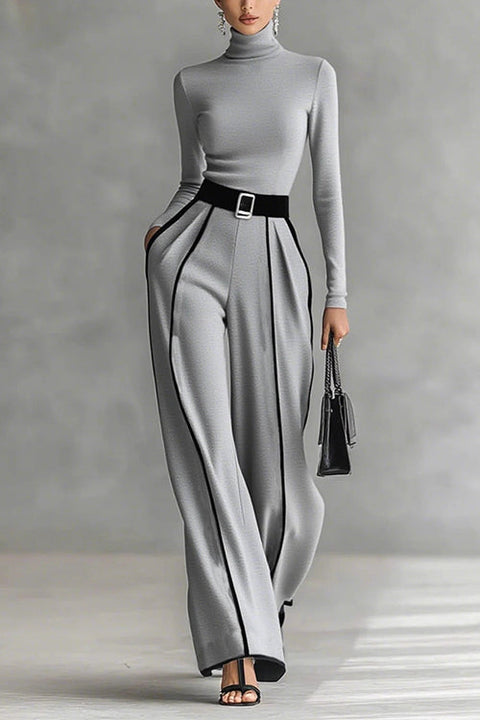 Karleedress Turtleneck Long Sleeves Top and Color Block Wide Leg Pants Set