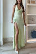 Karleedress Halter V Neck Backless Slit Rose Applique Knit Maxi Dress