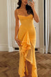 Karleedress Spaghetti Strap Frill Trim Draped Slit Maxi Dress