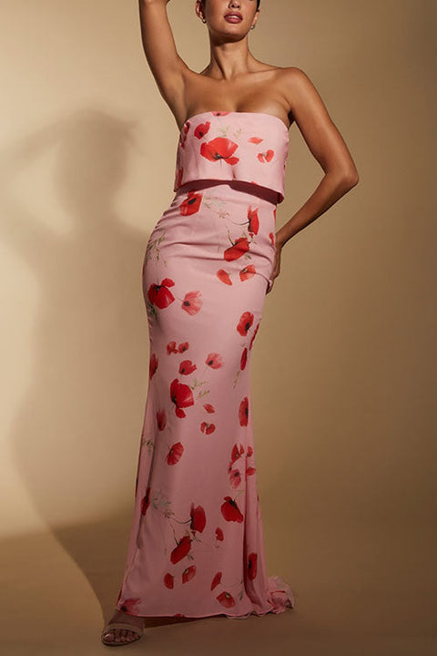 Strapless Floral Print Bodycon Fishtail Maxi Dress