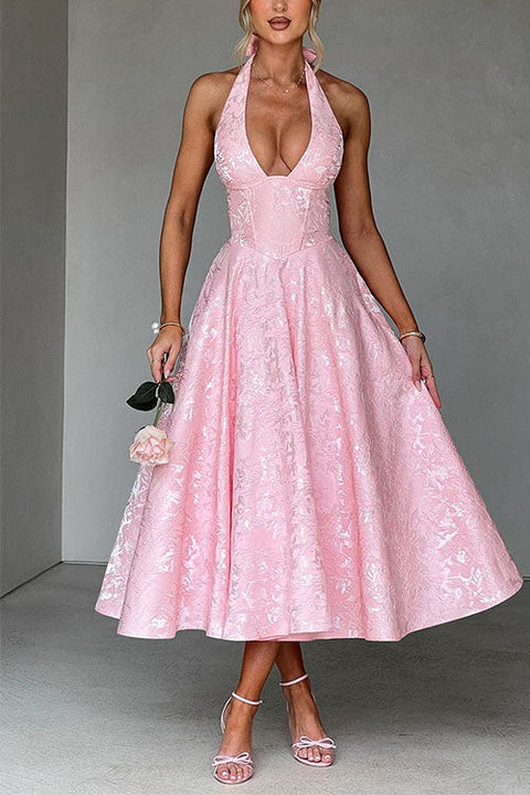 Karleedress Halter V Neck Waisted Jacquard Swing Midi Party Dress