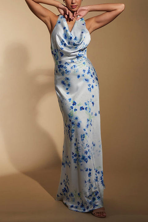 Cowl Neck Halter Backless Floral Print Maxi Dress