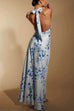 Cowl Neck Halter Backless Floral Print Maxi Dress