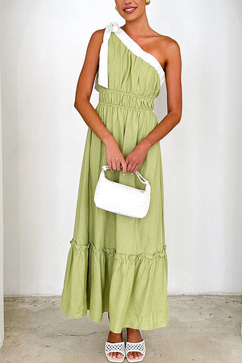 Karleedress Tie Bow One Shoulder Waisted Ruffle Maxi Dress