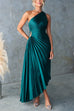 Karleedress One Shoulder Cut Out Waist Pleated Satin Maxi Dress